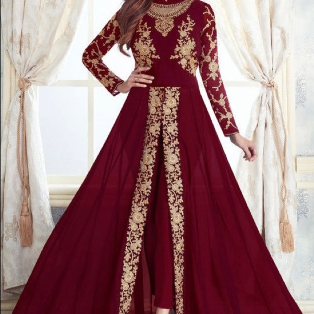 Embroidered Georgette Abaya Style Suit in Maroon